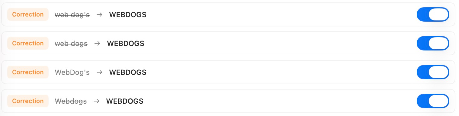 The four WEBDOGS brand corrections in the Dictionary, all enabled